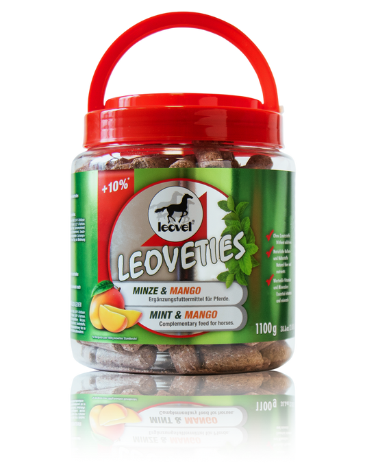 Tub of Leoveties Mint & Mango on a white background