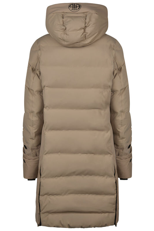 A long, hooded puffer coat shown from the back, in a solid taupe-beige color. The coat features horizontal quilting, a high padded hood with a circular logo emblem, and side pockets.