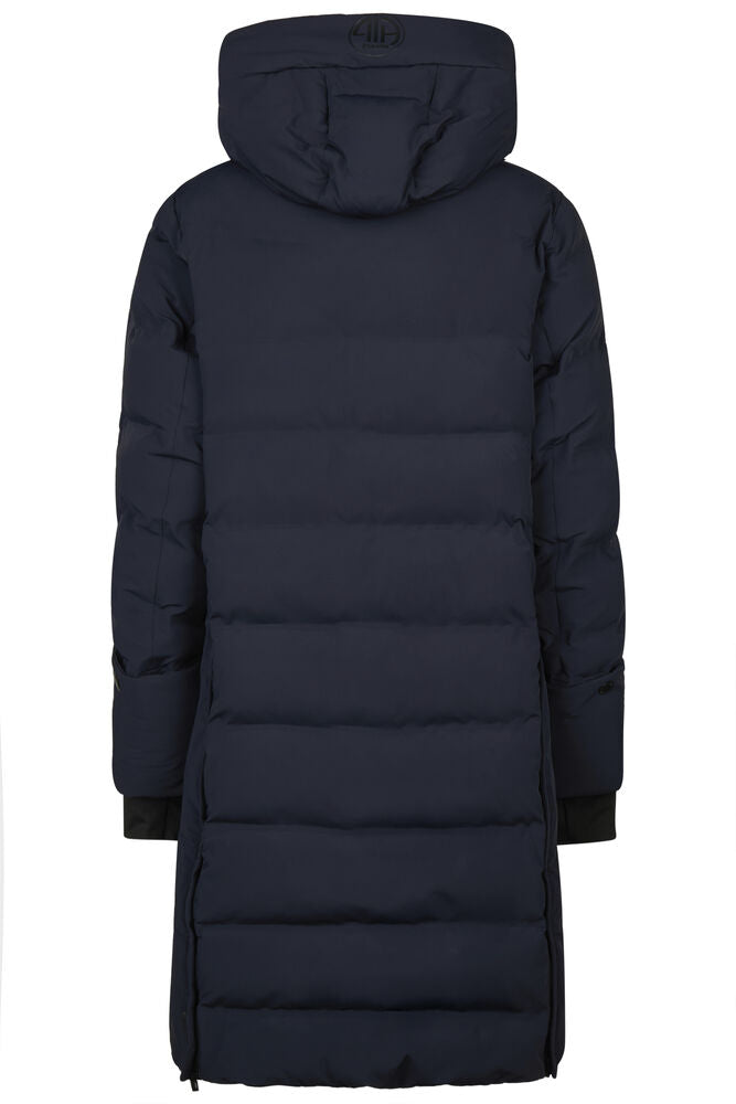 A long, dark navy blue hooded puffer coat shown from the back against a plain white background.