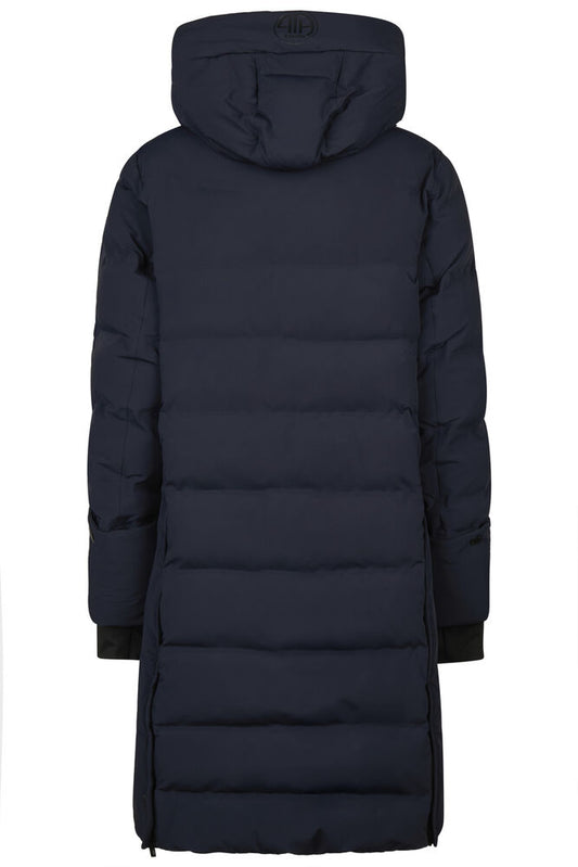 A long, dark navy blue hooded puffer coat shown from the back against a plain white background.