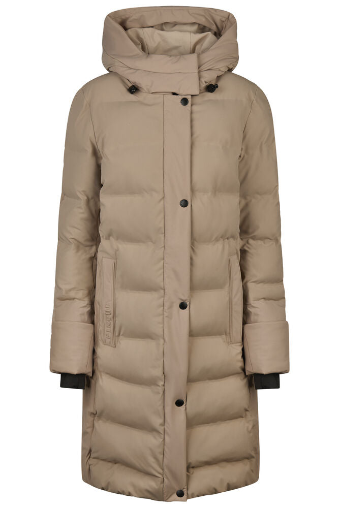 A long, hooded puffer coat in a warm taupe-beige color, featuring horizontal quilting, a front button closure, and black button accents, shown against a plain white background.