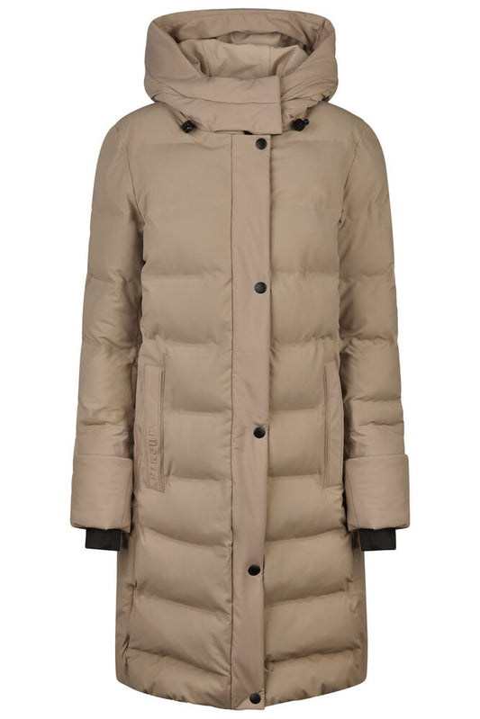 A long, hooded puffer coat in a warm taupe-beige color, featuring horizontal quilting, a front button closure, and black button accents, shown against a plain white background.