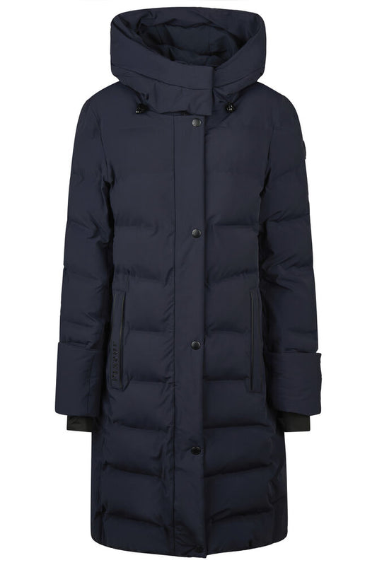 A long navy blue puffer coat with a hood, front button closure, and horizontal quilting, shown against a plain white background.