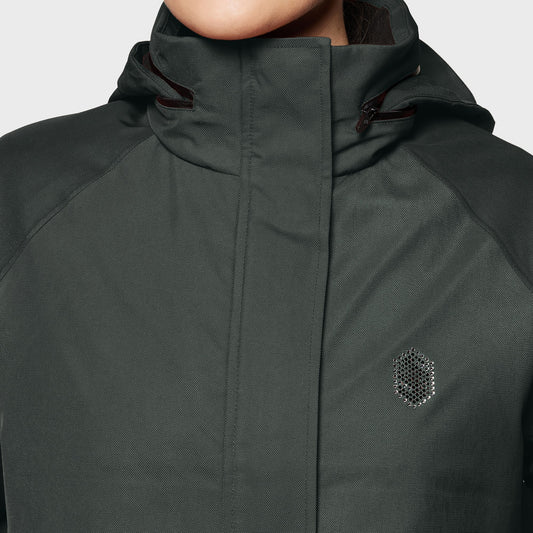 Dark green jacket with a brand logo on a light gray background
