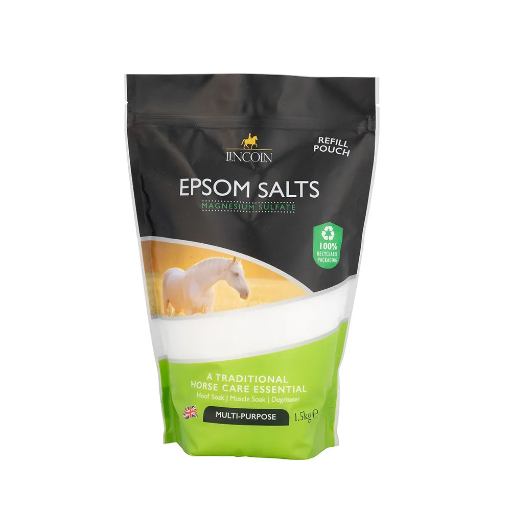 Packaging of Lincoln Epsom Salts refill pouch for horse care on a white background