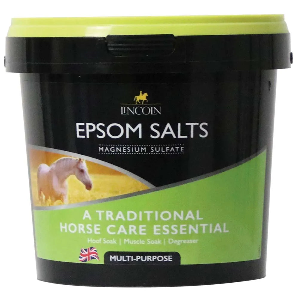 A black and green container of Lincoln Epsom Salts with a picture of a horse on the label.