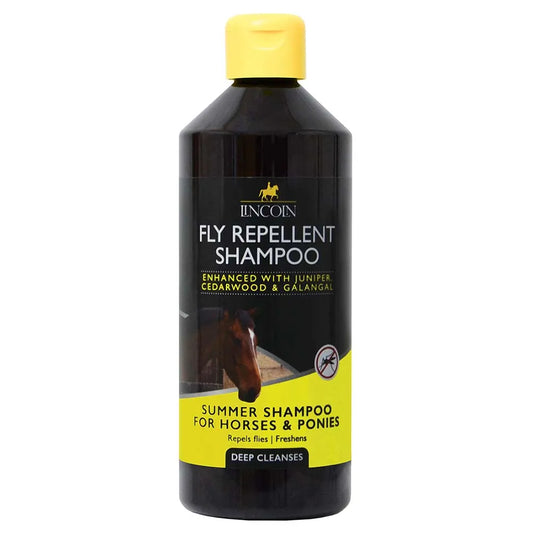 Lincoln Fly Repellent Shampoo in a black bottle with yellow label on white backround