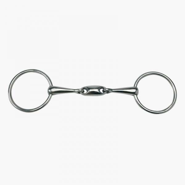 Snaffle bit in silver on a white background