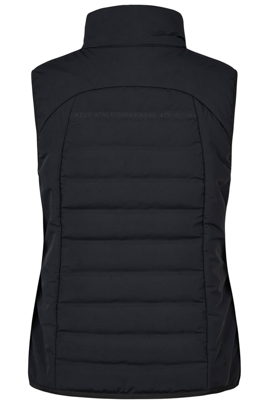 Black sleeveless puffer vest shown from the back, featuring horizontal quilting and a high collar, on a plain white background.
