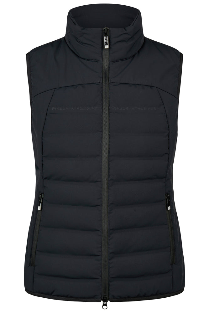A black sleeveless puffer vest with a high stand-up collar, front zipper, and zippered side pockets, shown against a plain white background.