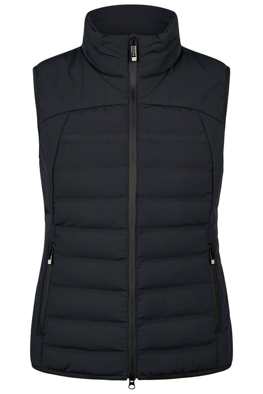 A black sleeveless puffer vest with a high stand-up collar, front zipper, and zippered side pockets, shown against a plain white background.