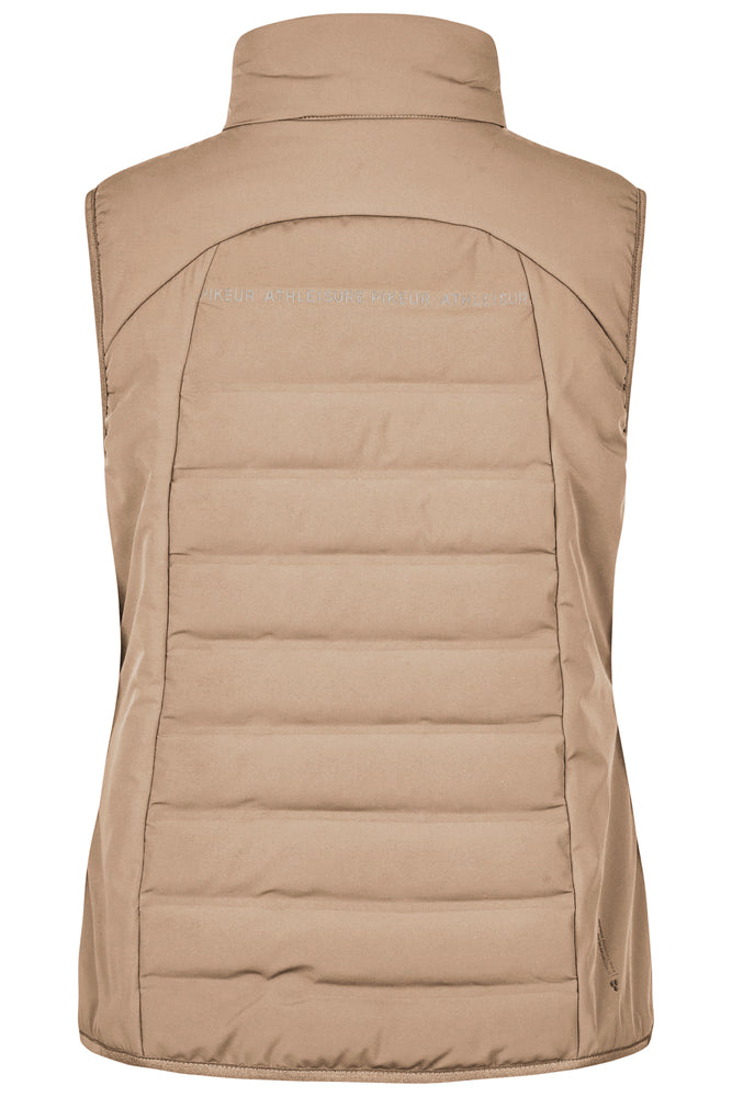 Back of a beige puffer vest with a high collar and front zipper on a white background