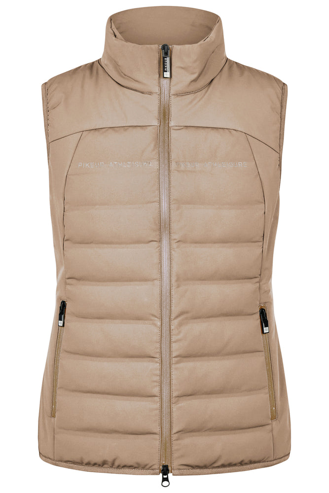 A beige sleeveless puffer vest with a full front zipper, stand-up collar, and zippered hand pockets, shown against a plain white background.