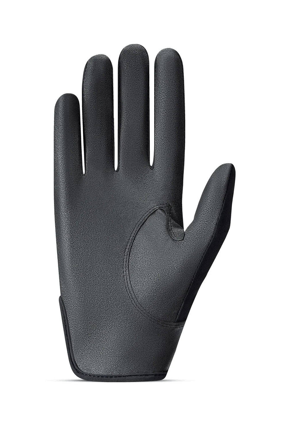 A single black leather glove shown flat against a plain white background.