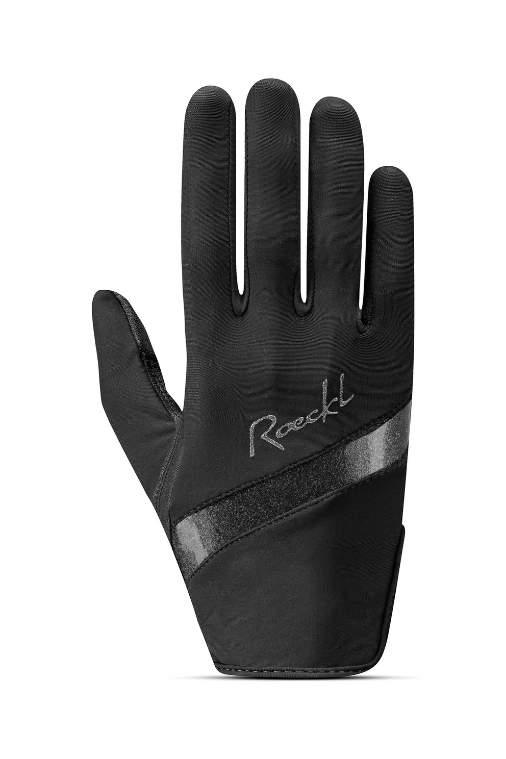 Black glove with reflective strip and Roeckl branding on a white background