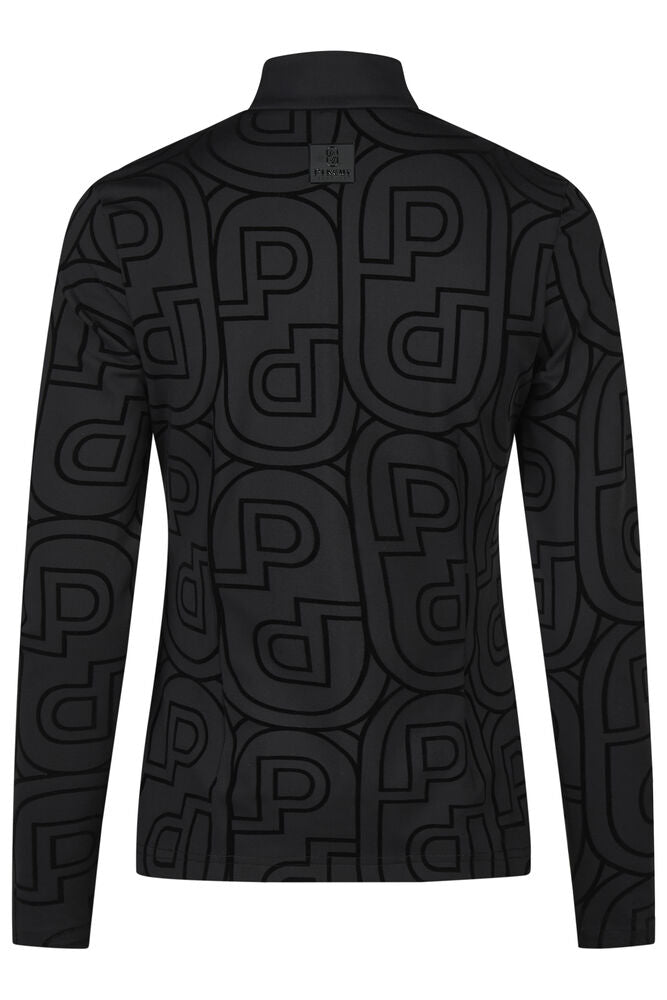 A black long-sleeve quarter-zip athletic top featuring an all-over tonal geometric interlocking 'P' pattern, shown on a plain white background.