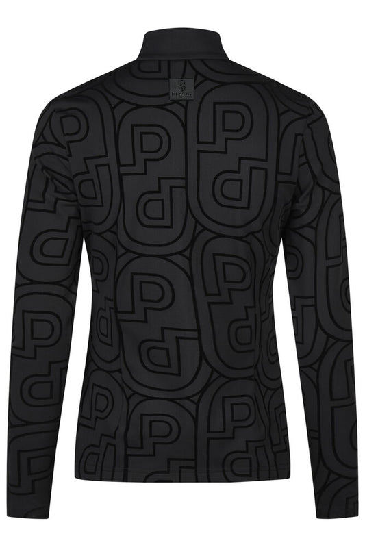 A black long-sleeve quarter-zip athletic top featuring an all-over tonal geometric interlocking 'P' pattern, shown on a plain white background.