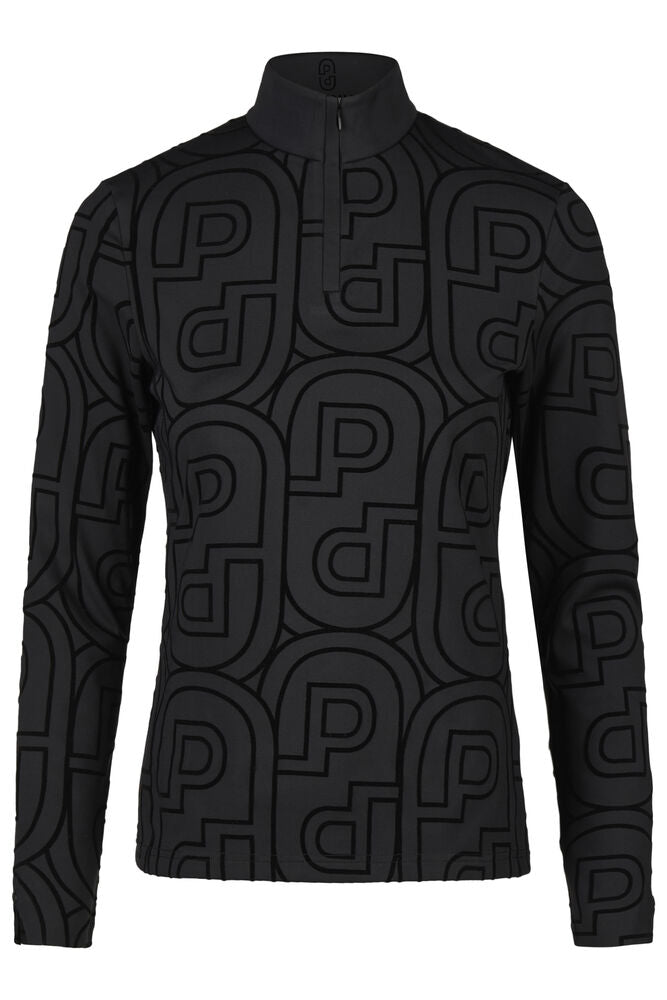 A black long-sleeve quarter-zip pullover featuring an all-over tonal geometric monogram pattern, shown on a plain white background.
