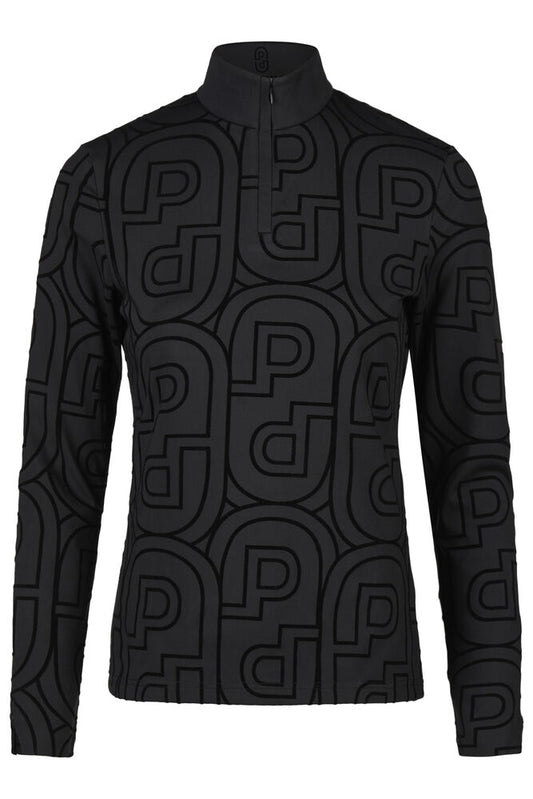 A black long-sleeve quarter-zip pullover featuring an all-over tonal geometric monogram pattern, shown on a plain white background.