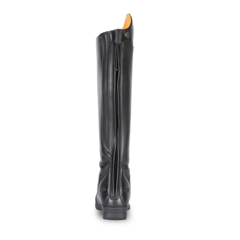 Black long riding boot on a white background