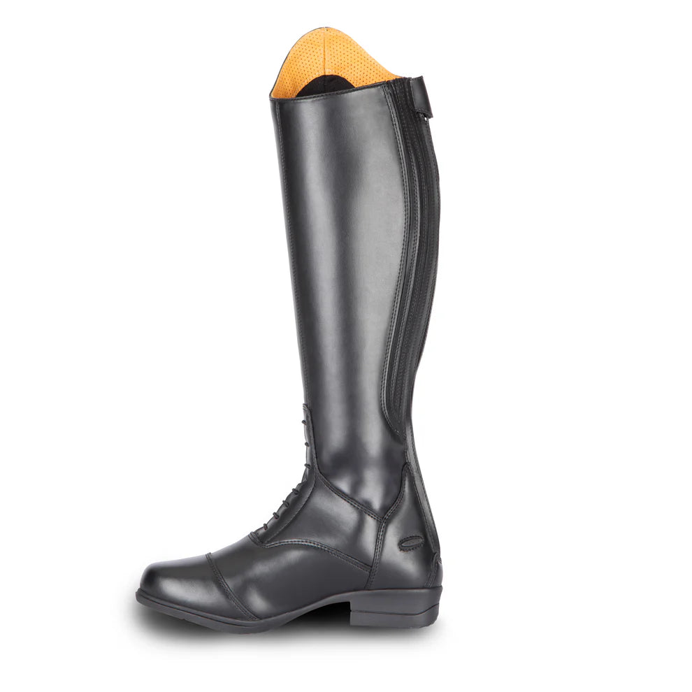 Black long riding boot on a white background