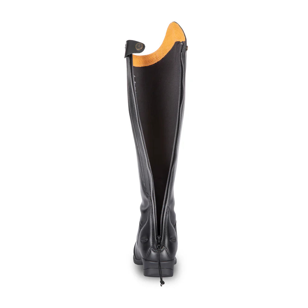 Black long riding boot on a white background