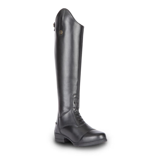 Black long riding boot on a white background