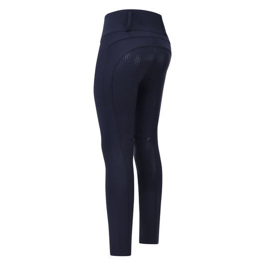 Pair of navy riding tights with a full seat on a white background