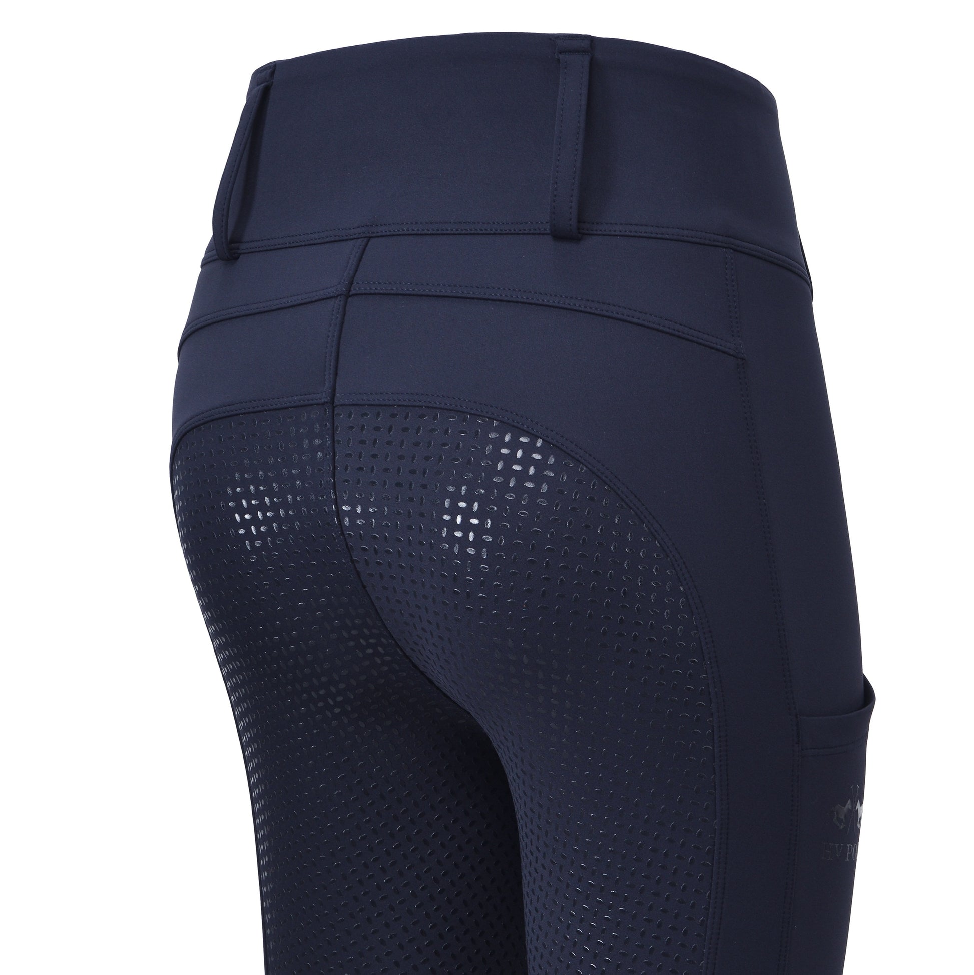 Pair of navy riding tights with a full seat on a white background