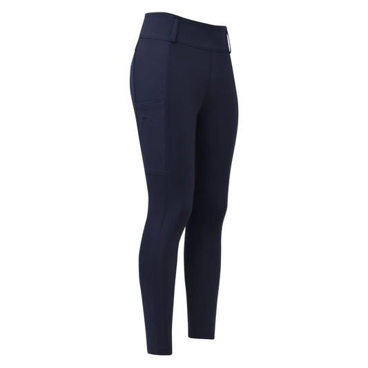 Pair of navy riding tights on a white background