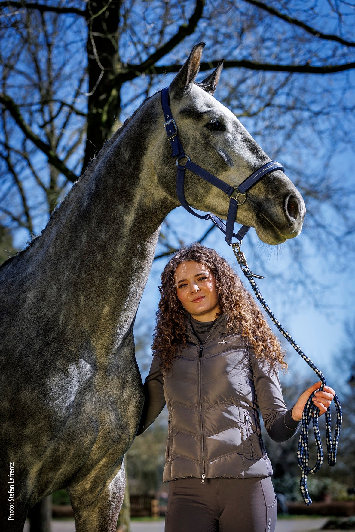 Girl wearing a chocolate gilet holding a grey horse with a blue sky background