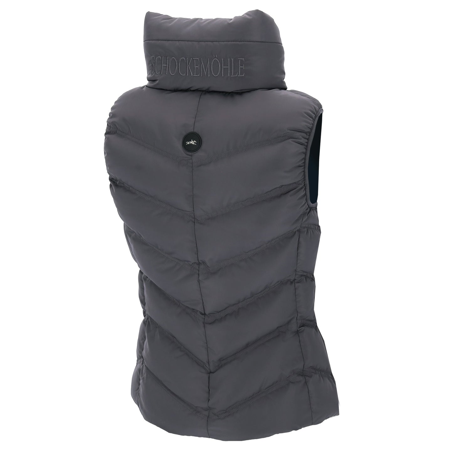 Back of a schockemohle chocolate gilet with logo and writing on a plain background