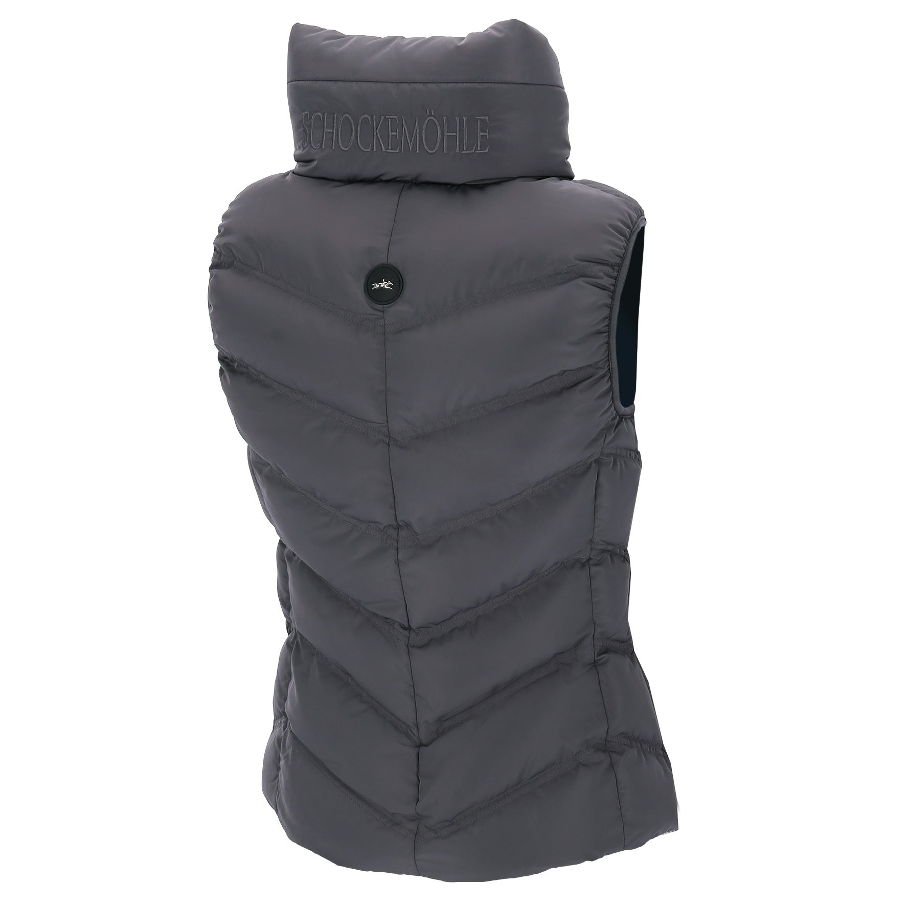 Back of a schockemohle chocolate gilet with logo and writing on a plain background