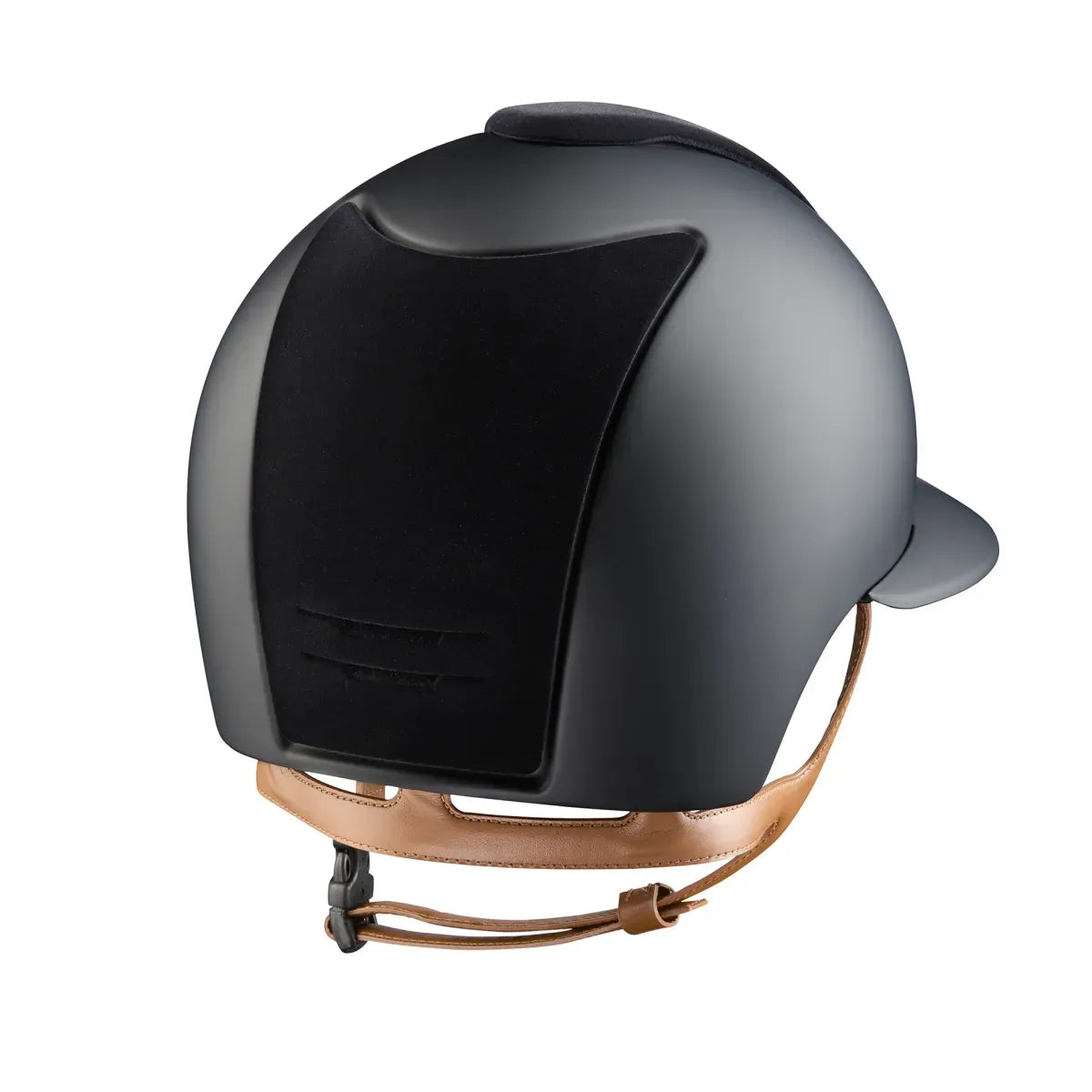 Black riding helmet with brown strap on a white background