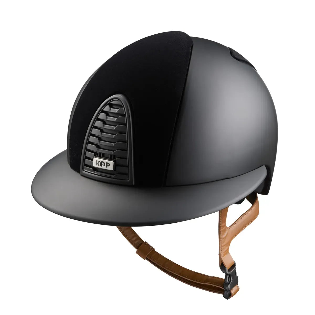 Black helmet with brown strap on a white background