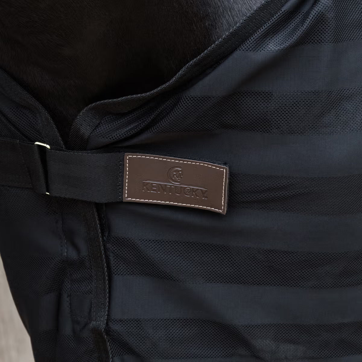 Close-up of a black bag with a brown leather label featuring a brand logo.