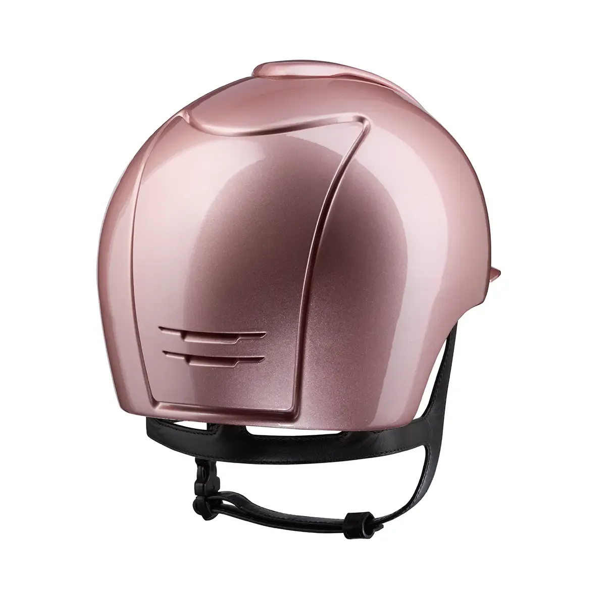 Pink riding helmet with black strap on a white background