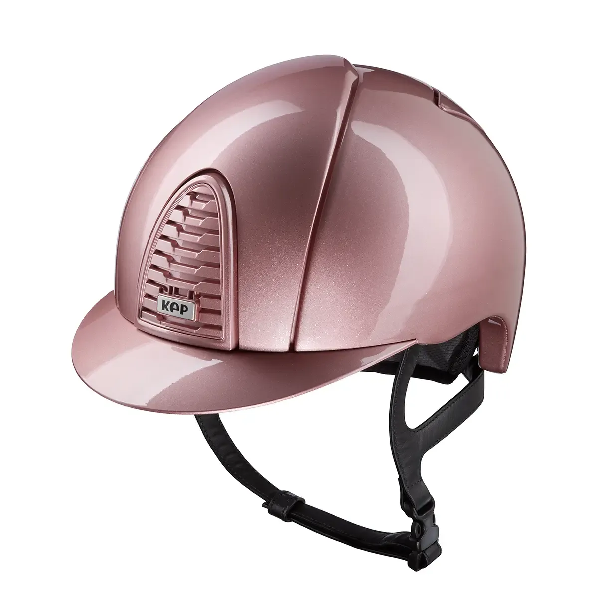Pink riding helmet with black strap on a white background