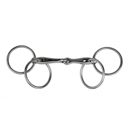 A polished steel double-ring horse bit with a central curb bit section, shown against a plain white background.
