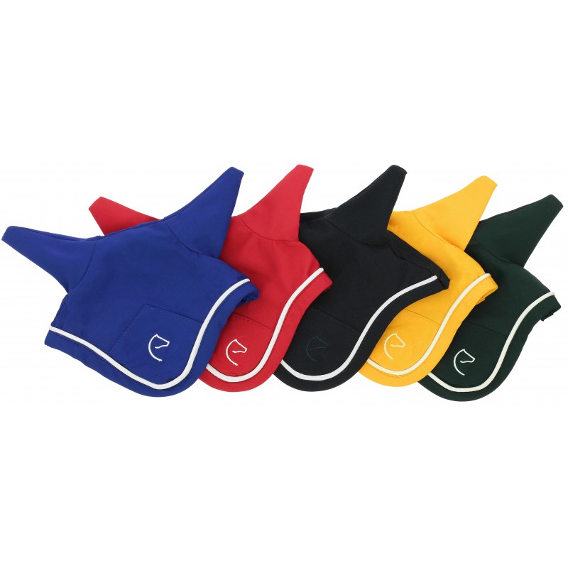Five colorful horse fly masks with ear flaps on a white background