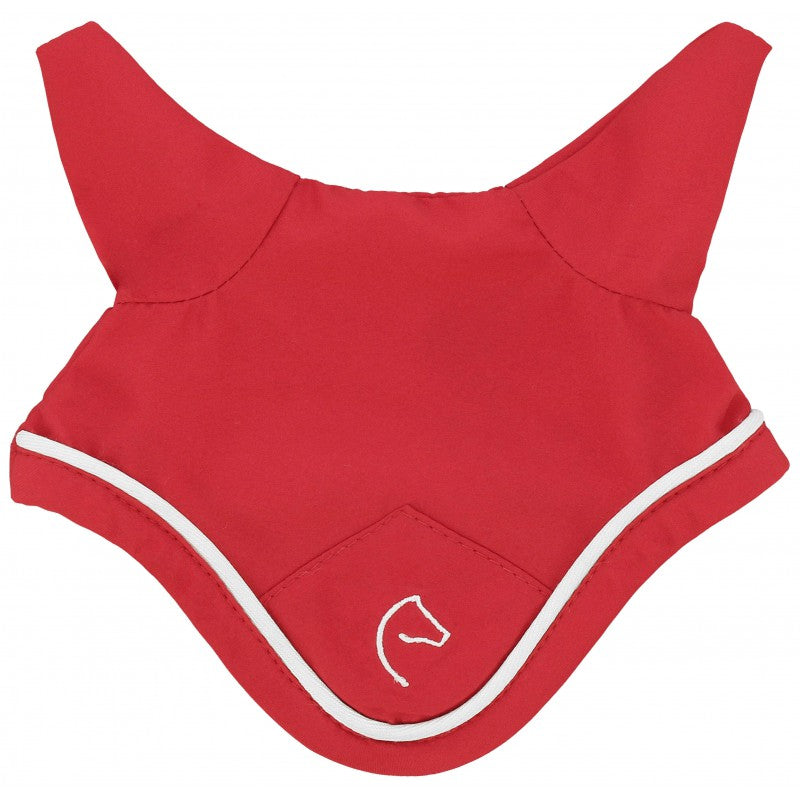 Red horse fly mask with white trim on a white background