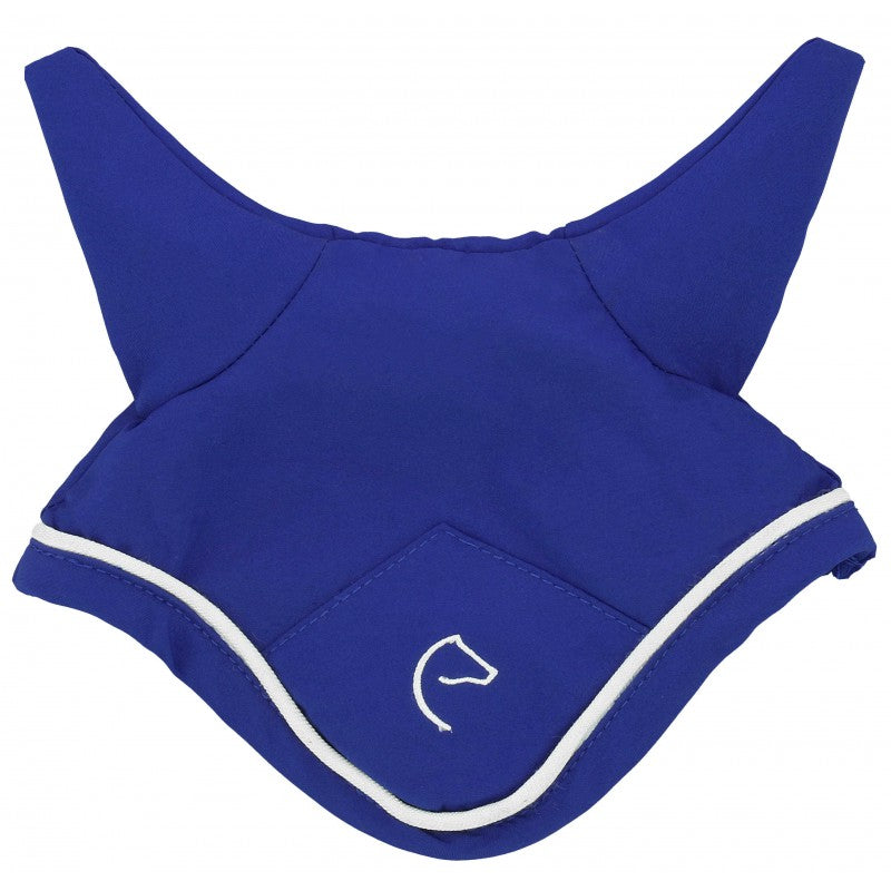 Blue horse fly mask with white trim on a white background