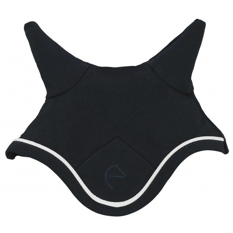 Navy horse fly hood with white trim on a white background