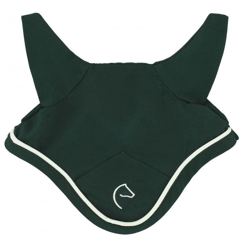Dark green horse fly mask with white trim on a white background