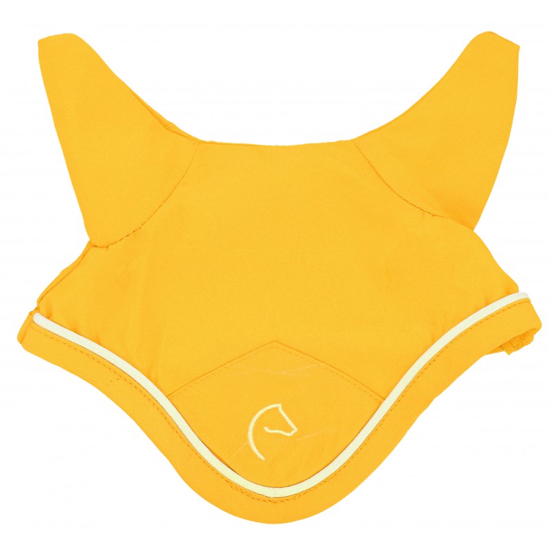 Yellow horse fly mask with ear flaps on a white background
