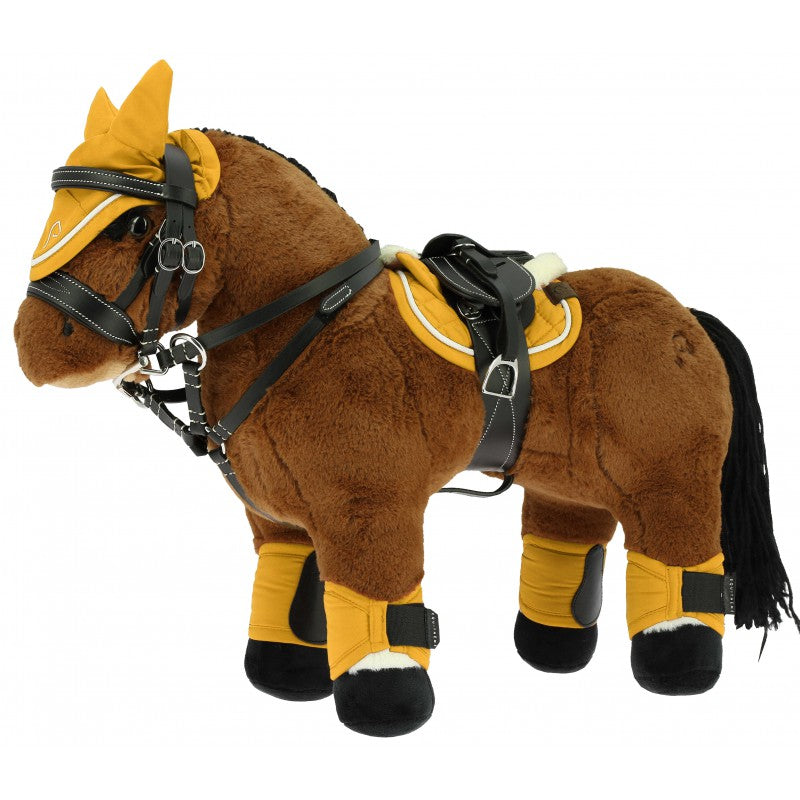 Plush toy horse with brown body, yellow bridle and saddle, on a white background