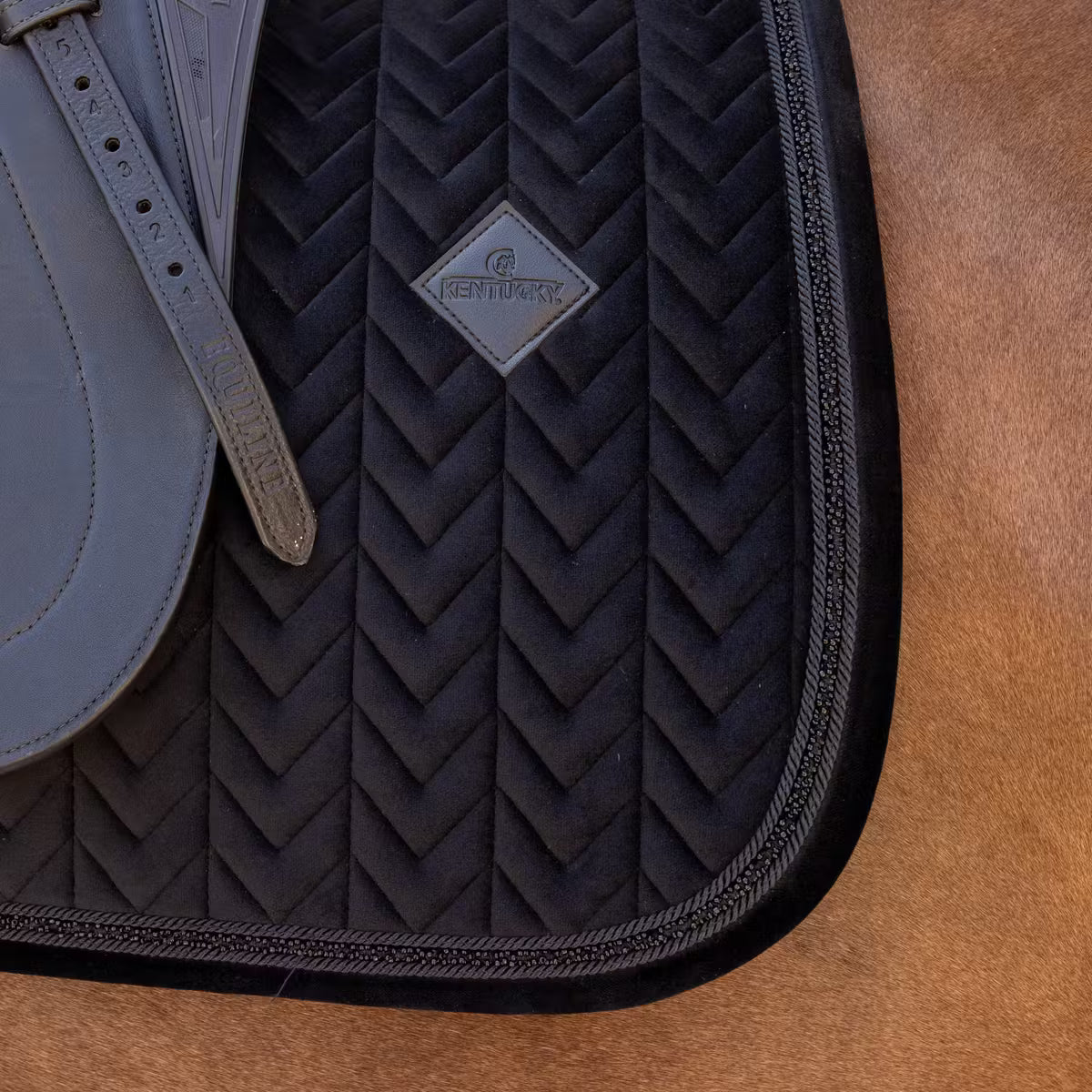 Close-up of a black saddle pad with a brand logo on a brown leather surface.
