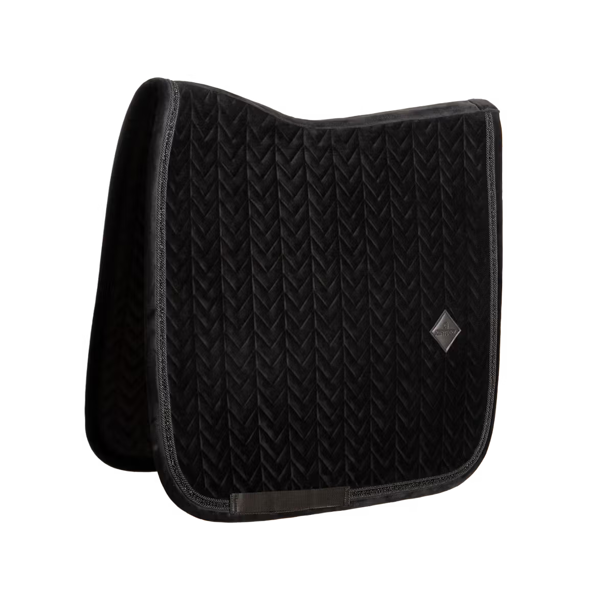 Black quilted saddle pad with a diamond pattern on a white background