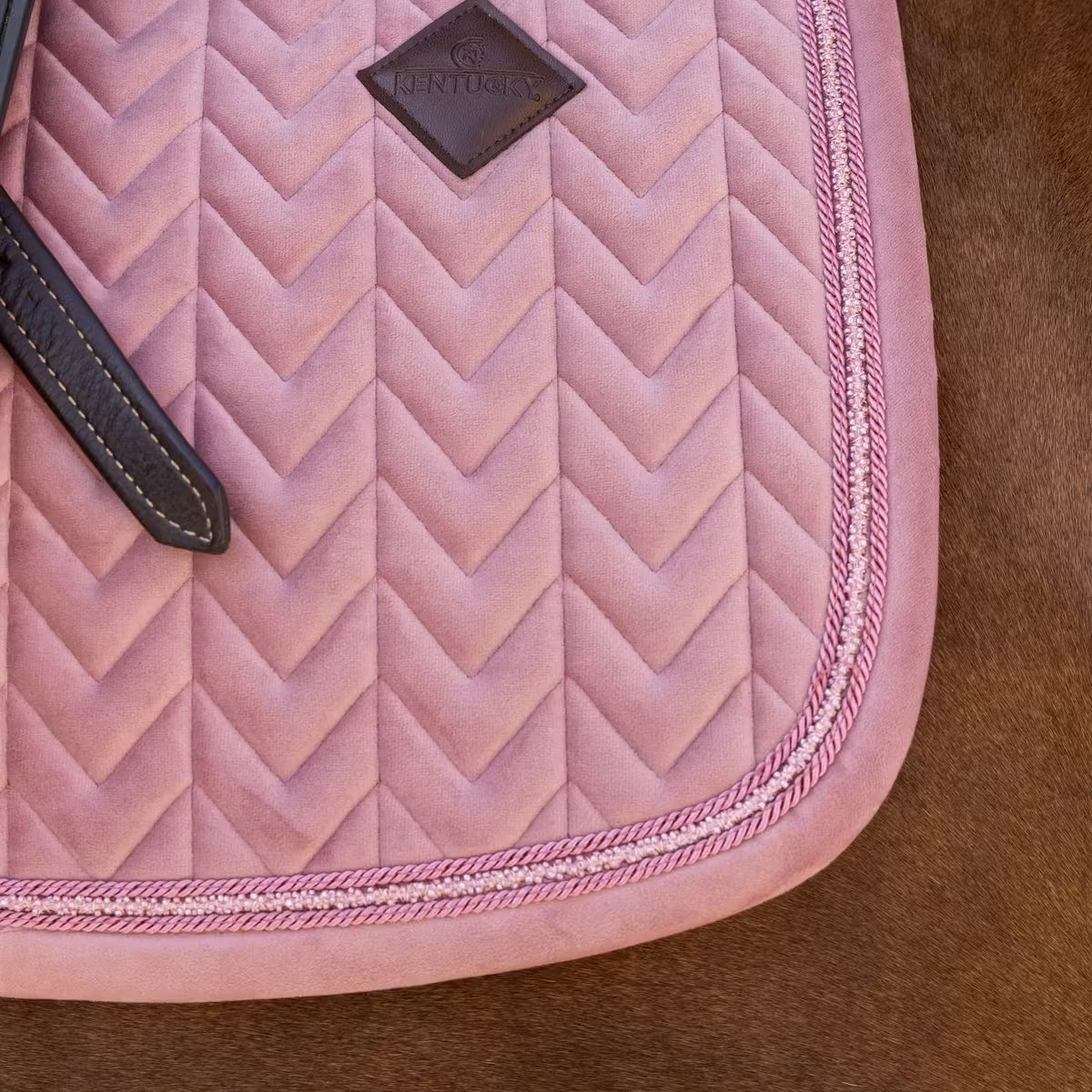 Pink saddle pad with brown Kentucky badge on a brown horse