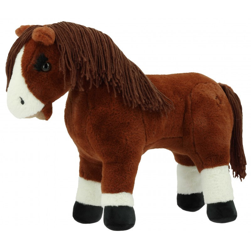 Plush horse toy with brown body, white face, and black hooves on a white background
